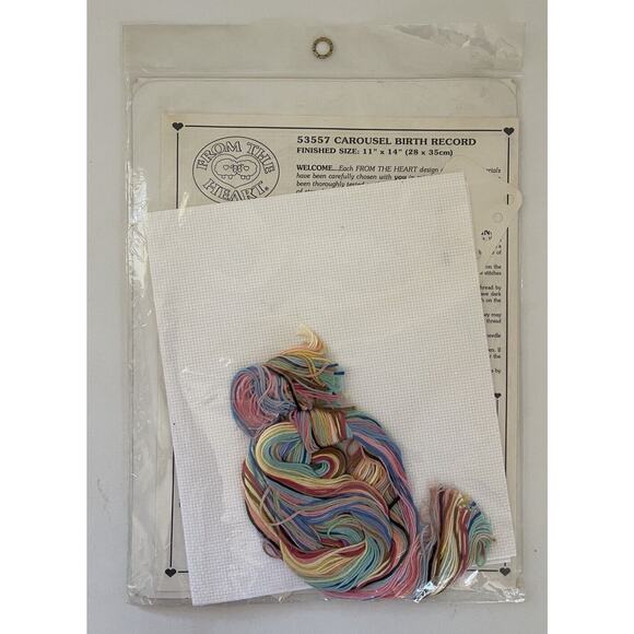 Vintage From the Heart Cross Stitch Kit Seal NOS 1991 Carousel Birth Record - Picture 2 of 4